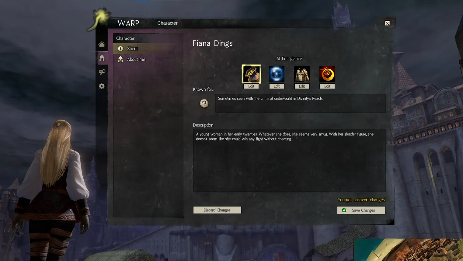 WARP character sheet window over Guild Wars 2