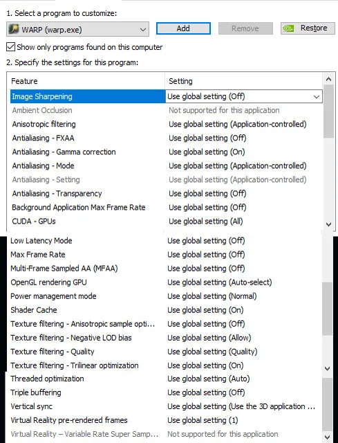 NVIDIA Control Panel program settings for WARP